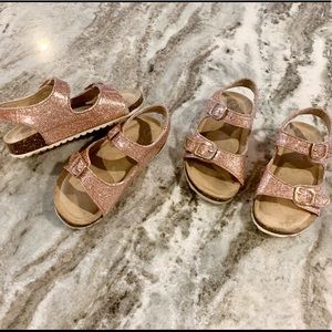 2 prs Old Navy twin girls toddler size 8. Rose Gold glitter Birks style sandals